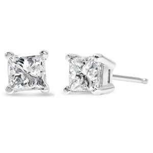 AGS Certified Princess-Cut Square Diamond 4-Prong Solitaire Stud Earrings in 14K Gold (N-O Color, I1-I2 Clarity)