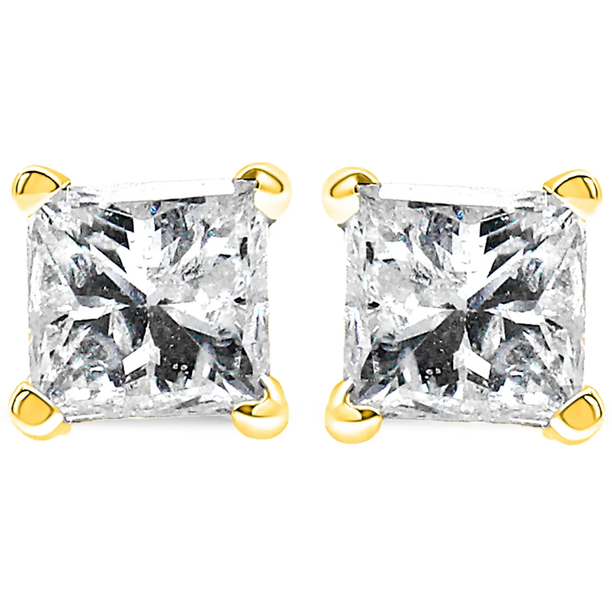 AGS Certified Princess-Cut Square Diamond 4-Prong Solitaire Stud Earrings in 14K Gold (N-O Color, I1-I2 Clarity)