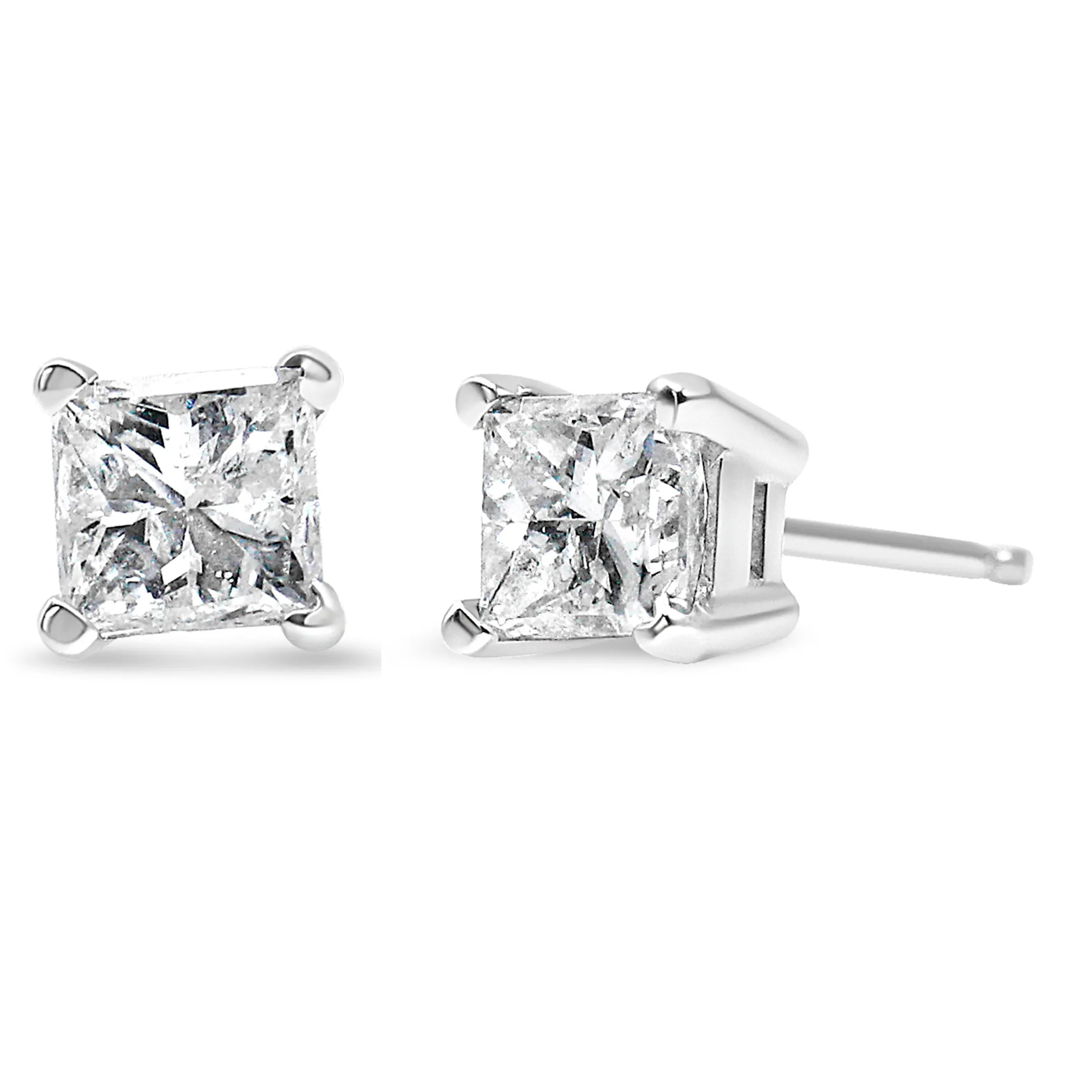 AGS Certified Princess-Cut Square Diamond 4-Prong Solitaire Stud Earrings in 14K Gold (N-O Color, I1-I2 Clarity)