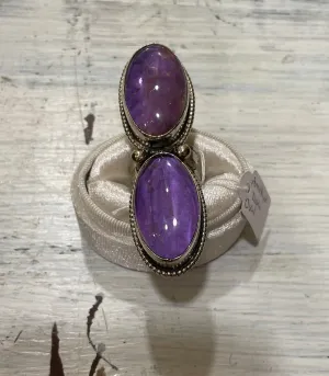 Amethyst Double Oval Silver Adjustable Ornate Ring