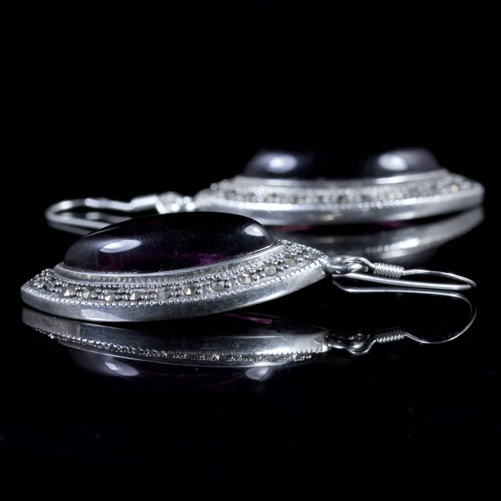 Amethyst Marcasite Long Earrings Sterling Silver