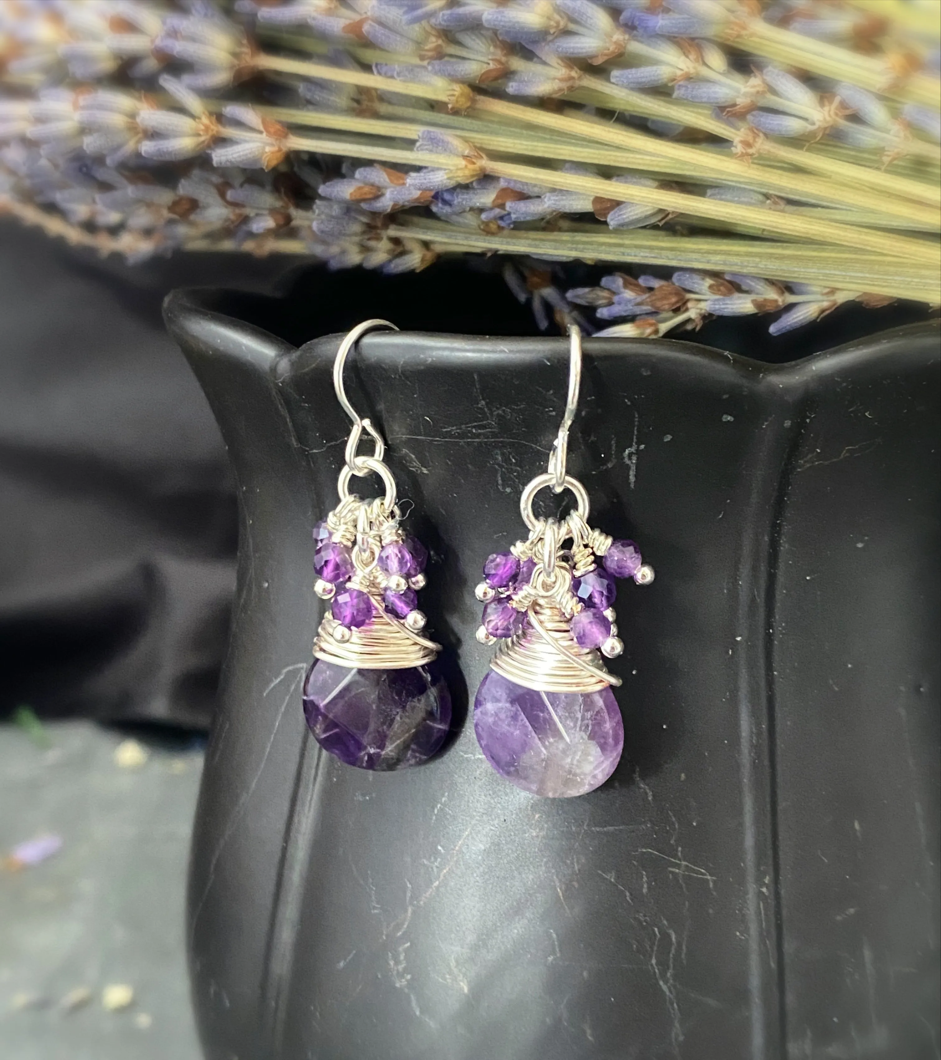 Amethyst stone drops, amethyst dangles, sterling silver metal earrings, jewelry.