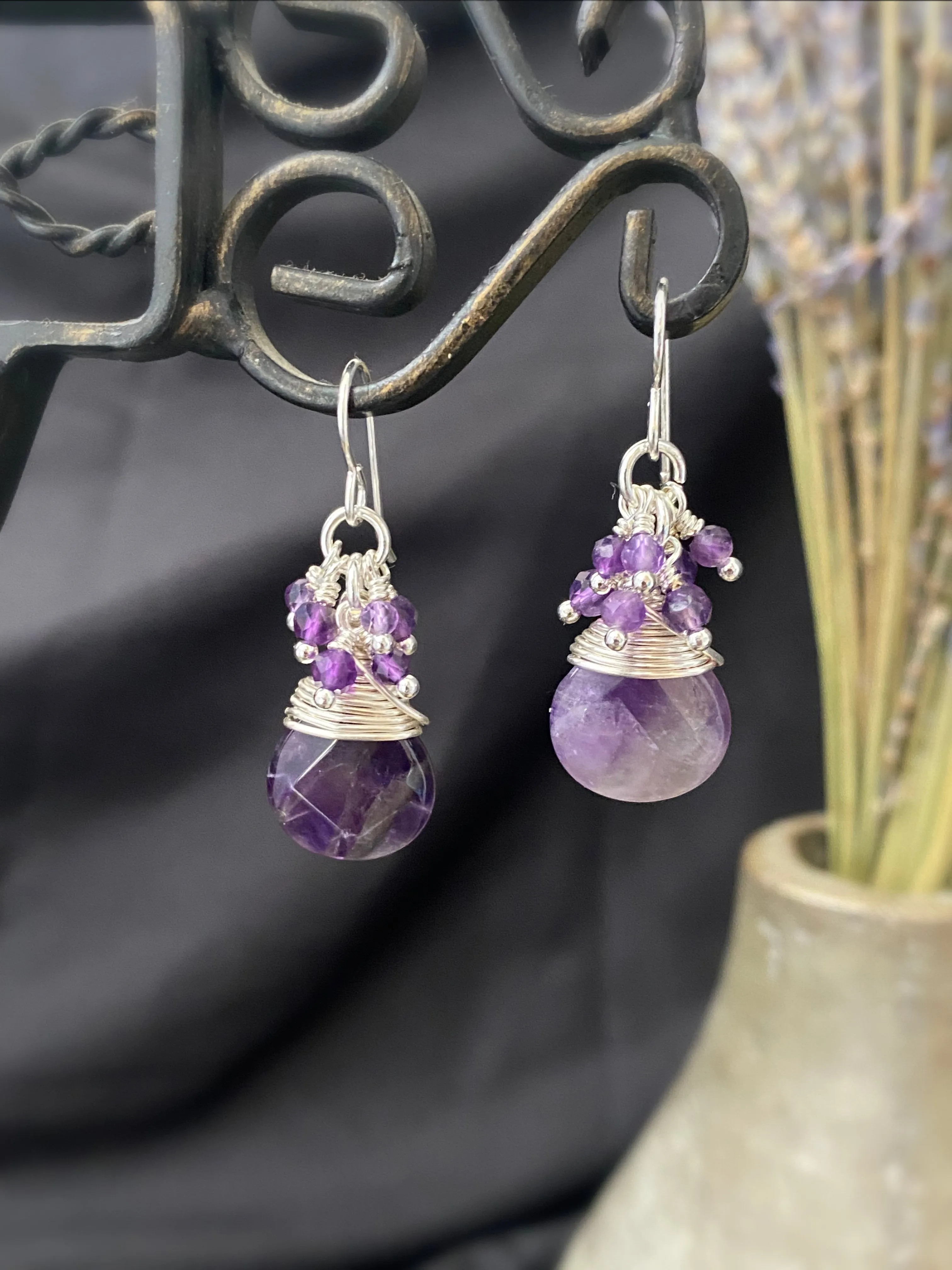 Amethyst stone drops, amethyst dangles, sterling silver metal earrings, jewelry.