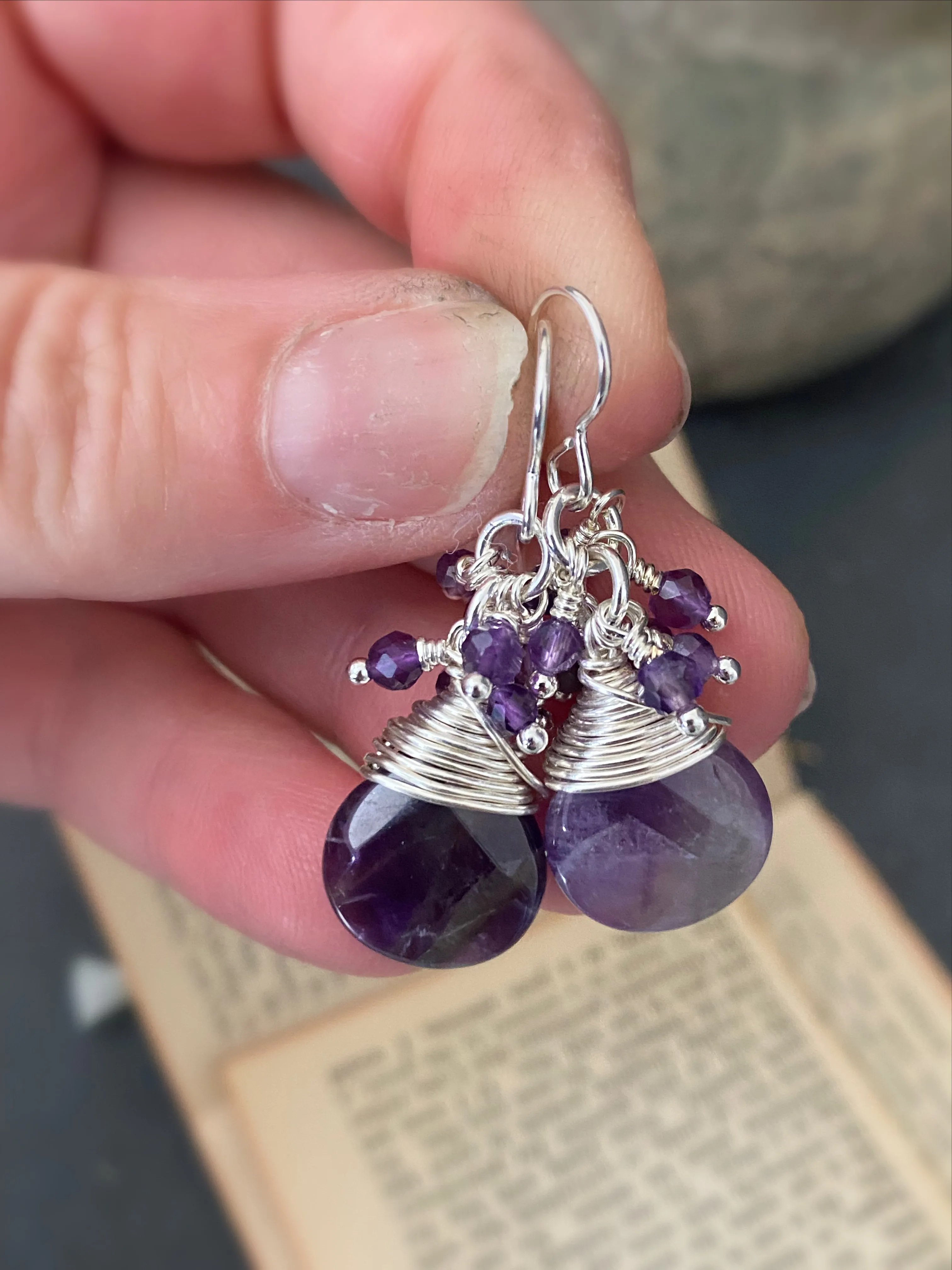 Amethyst stone drops, amethyst dangles, sterling silver metal earrings, jewelry.