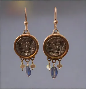 Antique Button Earrings, Children Sitting on Fence with Kyanite and Quartz Drops