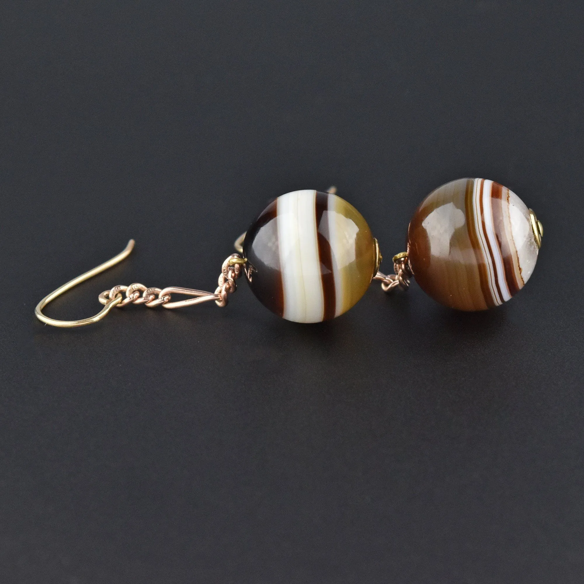 Antique Gold Chain Long Scottish Banded Agate Earrings