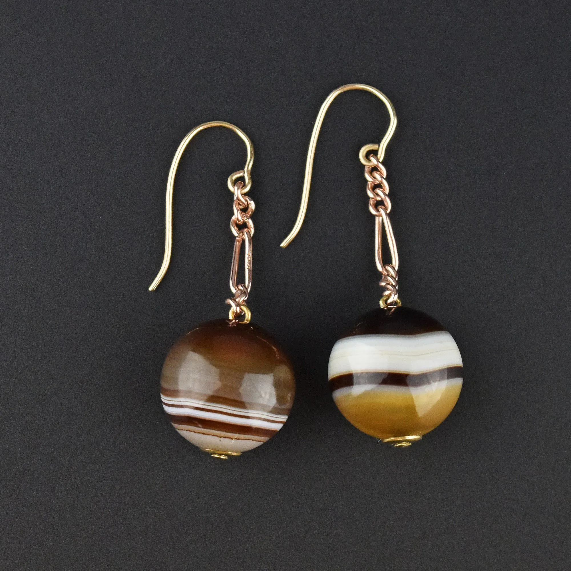 Antique Gold Chain Long Scottish Banded Agate Earrings