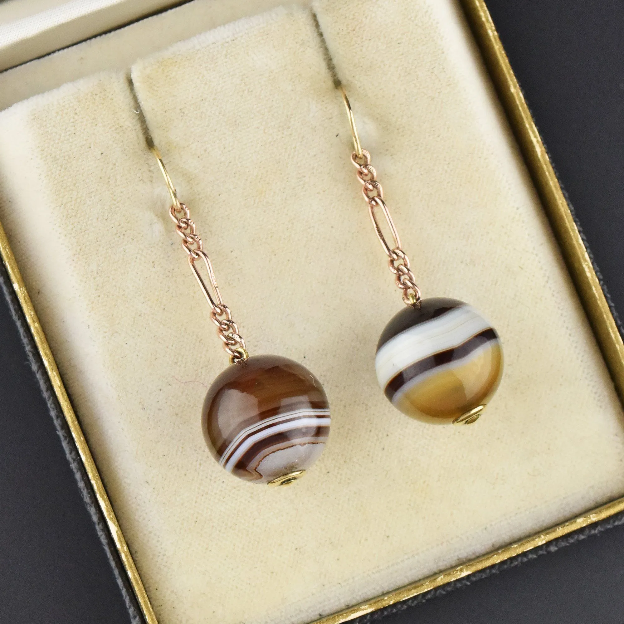 Antique Gold Chain Long Scottish Banded Agate Earrings