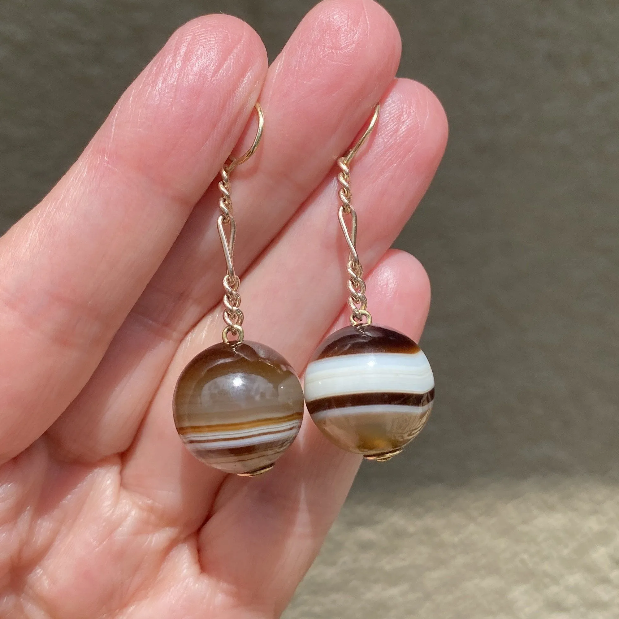 Antique Gold Chain Long Scottish Banded Agate Earrings