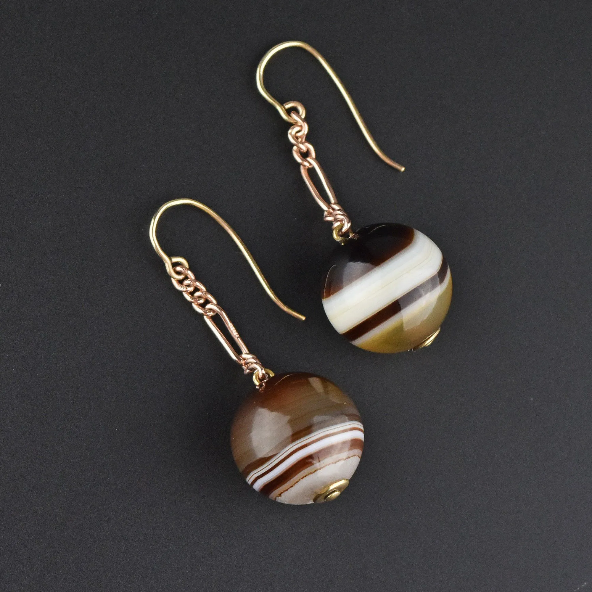 Antique Gold Chain Long Scottish Banded Agate Earrings