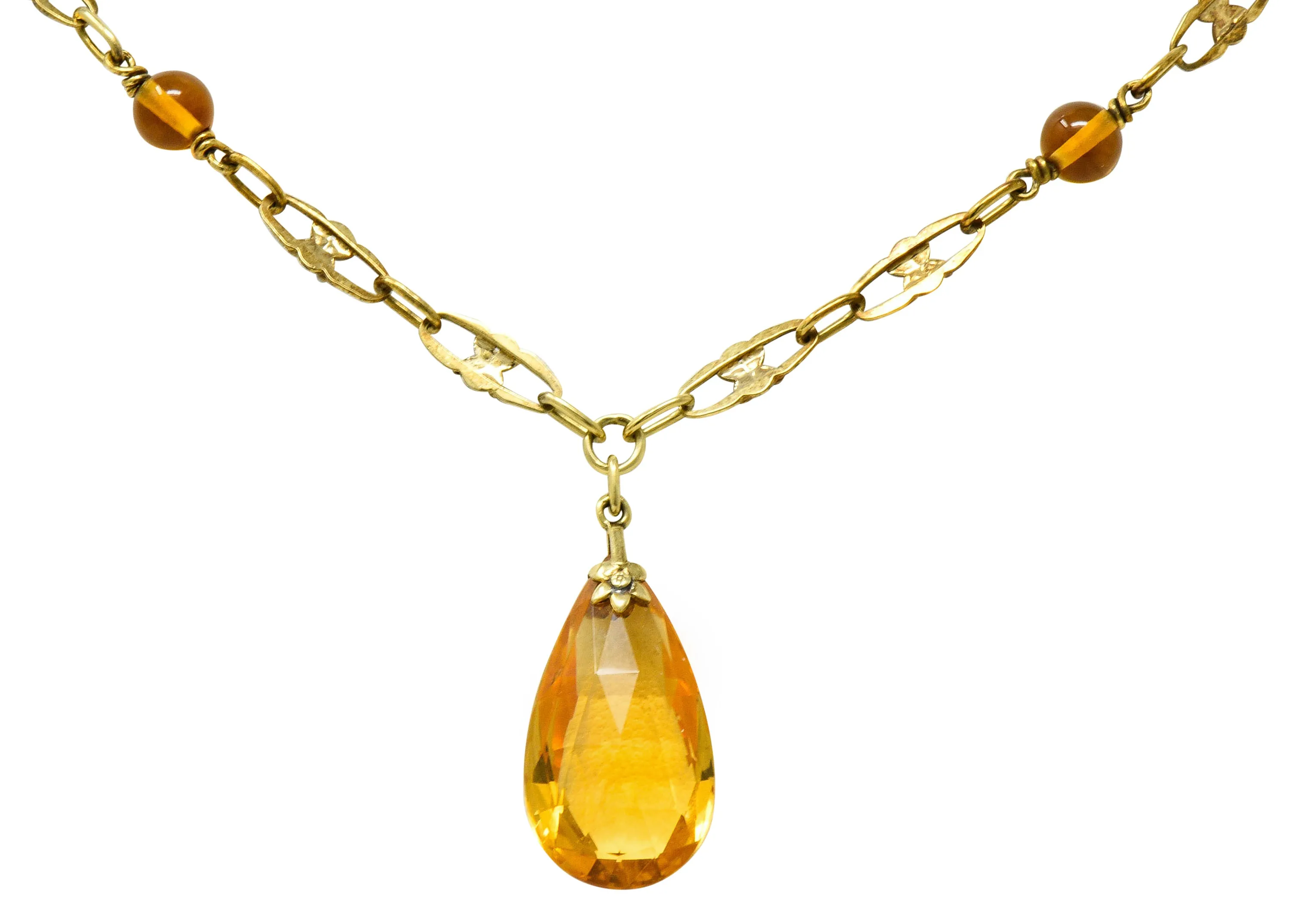 Art Nouveau Citrine 14 Karat Gold Floral Drop Necklace