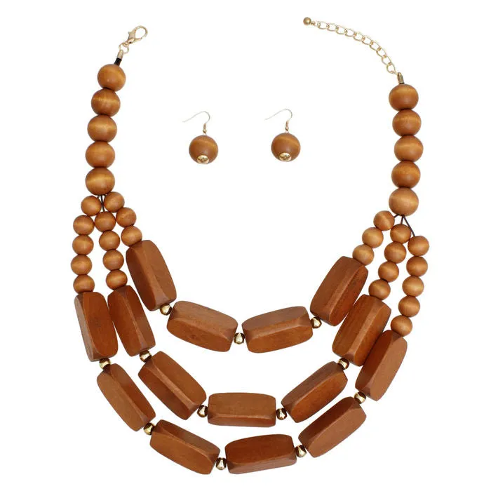 Beaded Necklace Brown Geo Wood Bead Set for Women