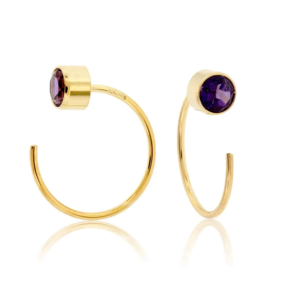 Bezel Set Amethyst Reverse Hoop Earrings