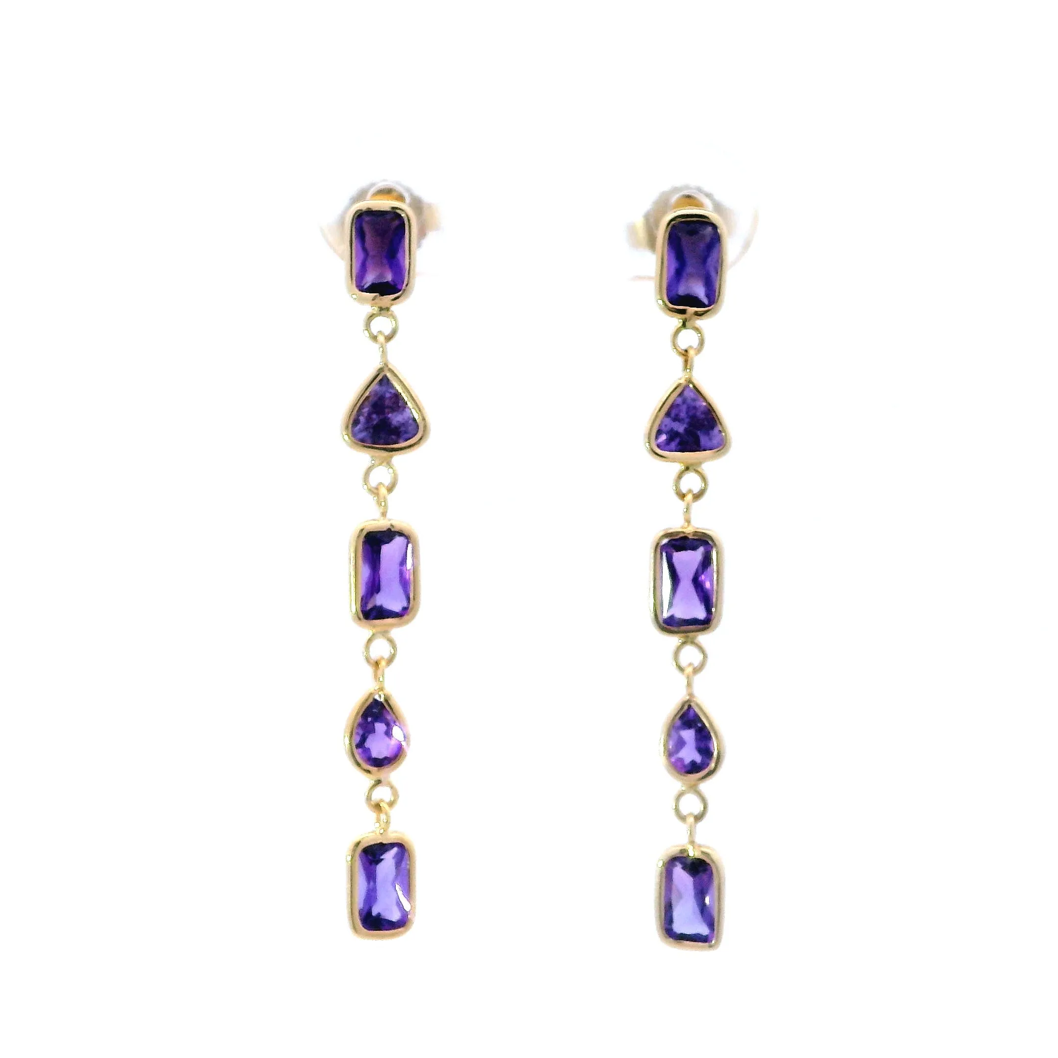 Bezel Set Multi Shape Amethyst Dangle Earrings