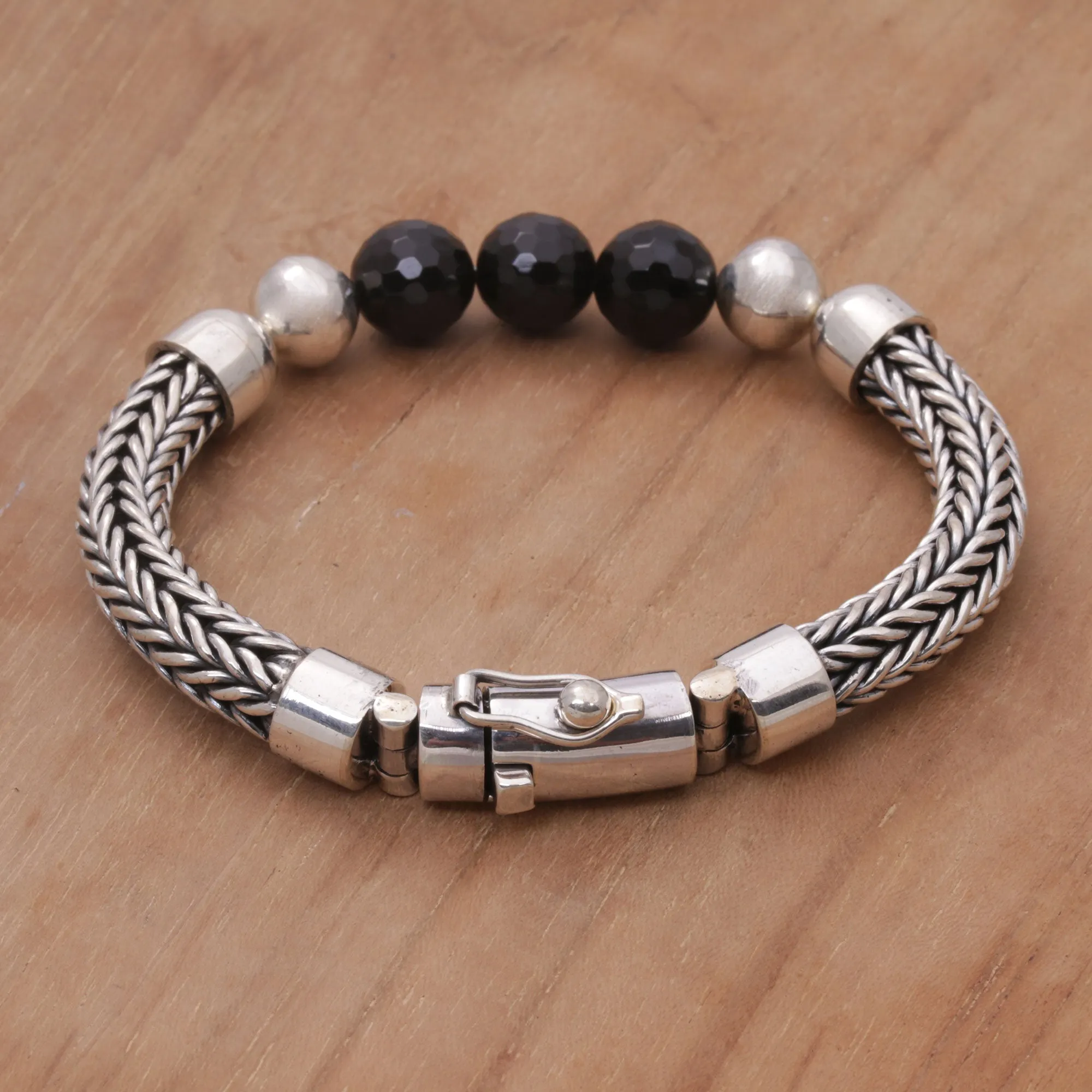 Bold Elegance Onyx and Sterling Silver Beaded Chain Bracelet from Bali