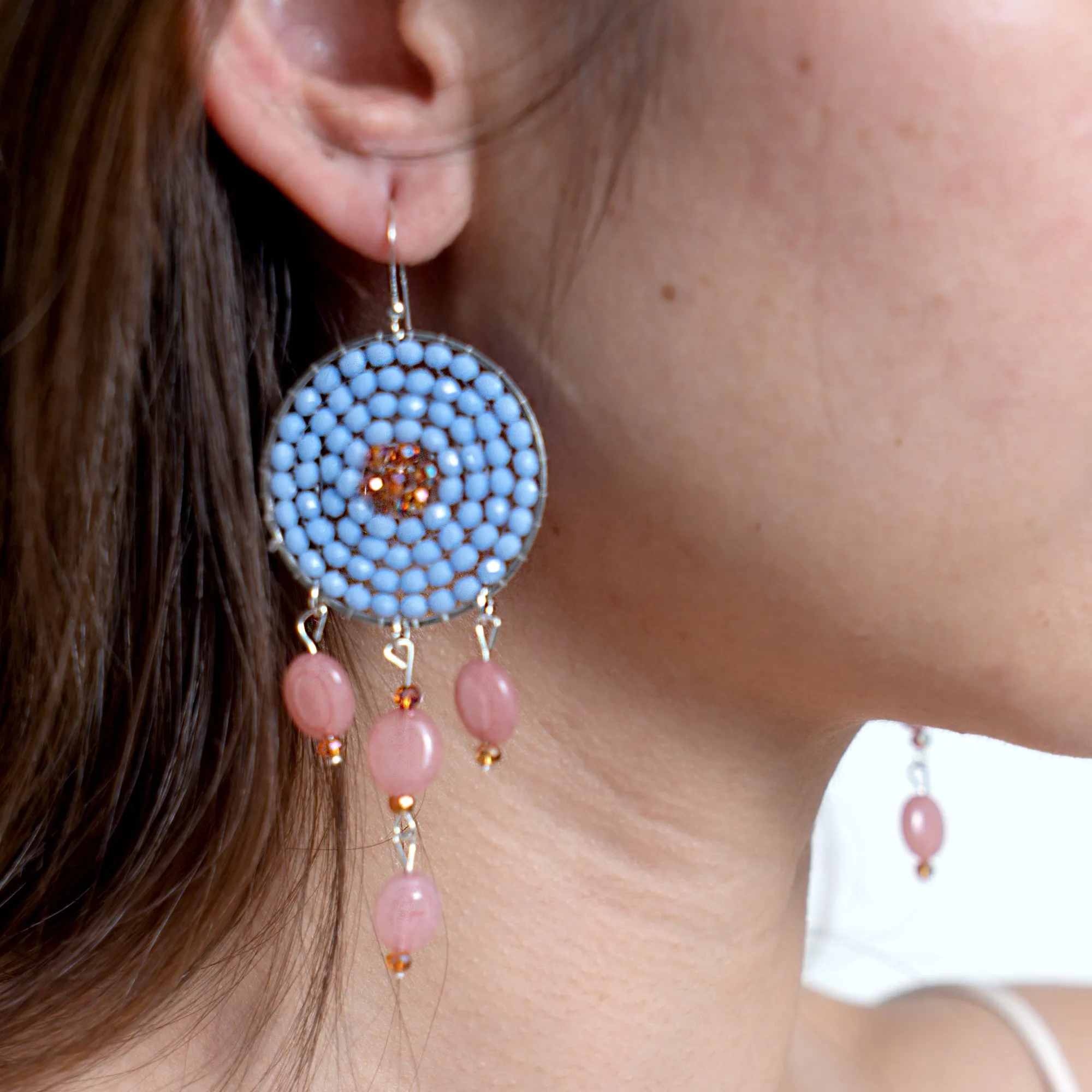 Circle Beaded Stones Earrings in Blue