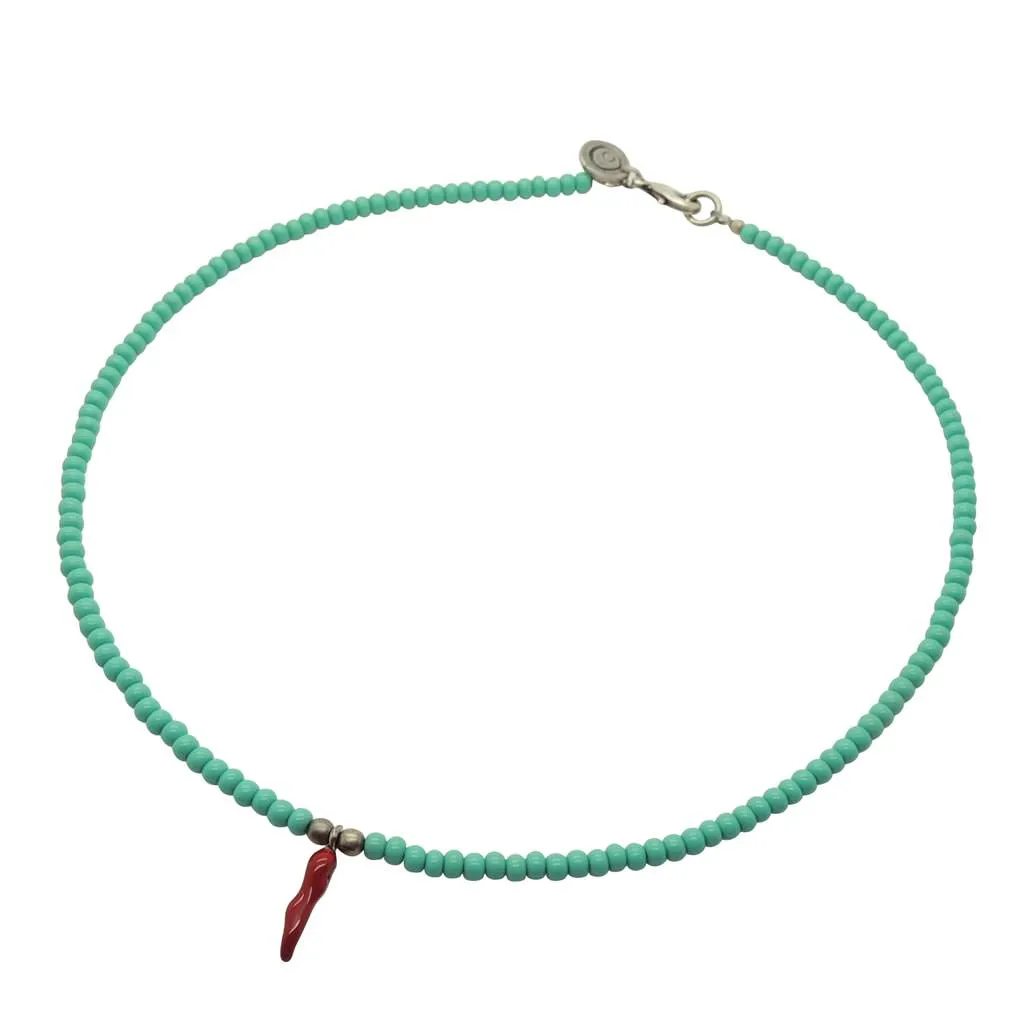 Cornicello Horn Charm Glass Rocaille Bead Necklace