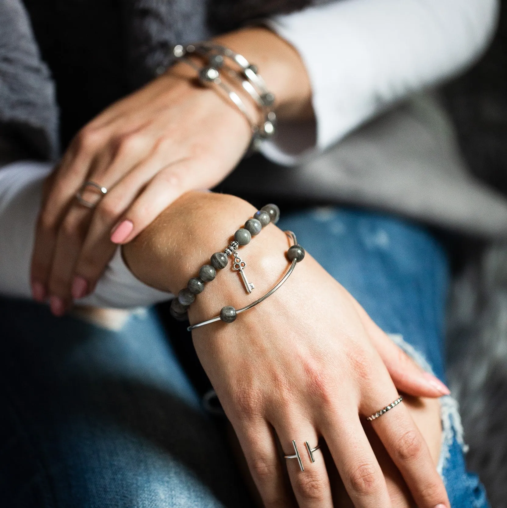 Cross | Stone Beaded Charm Bracelet | Onyx