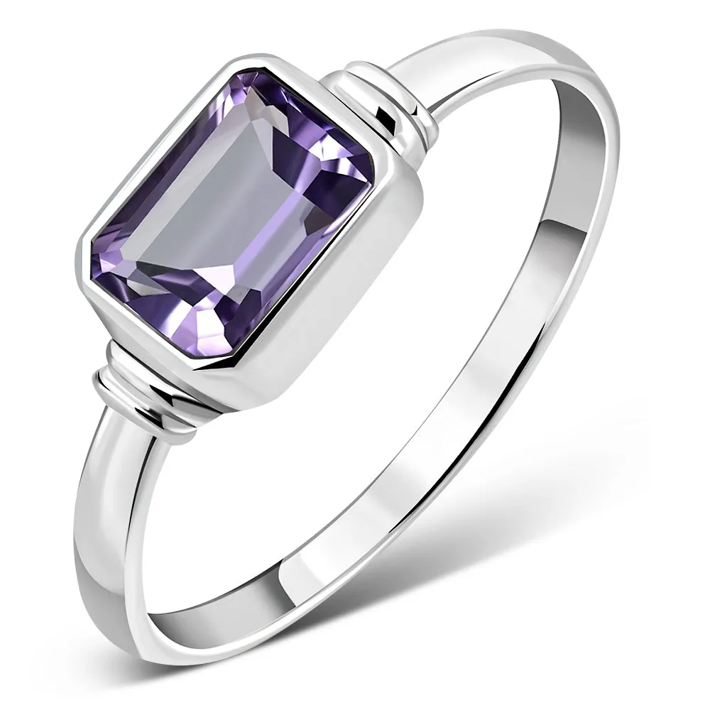 Delicate Rectangle Shape Amethyst Stone Silver Ring