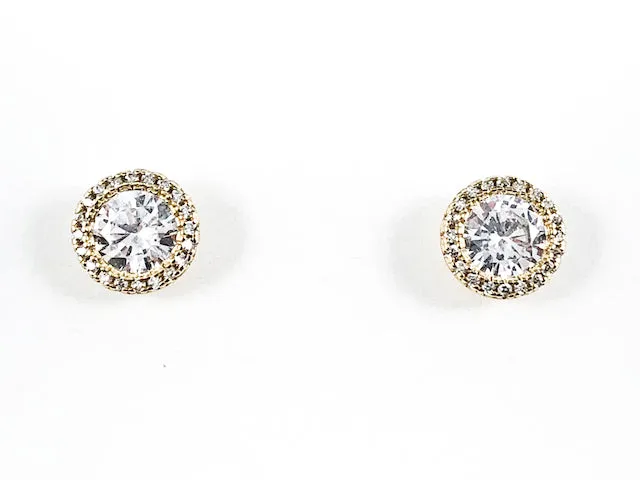 Elegant Layered Round Shape CZ Gold Tone Silver Stud Earrings