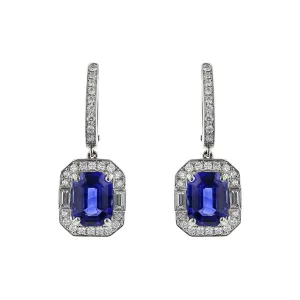 Emerald-cut Sapphire and Diamond Halo Drop Earrings