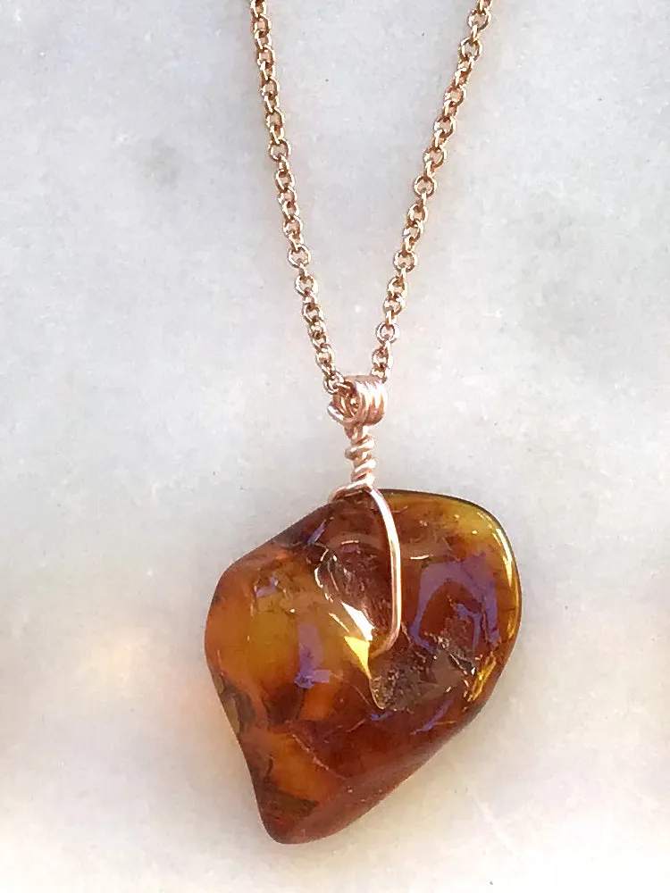 Genuine Natural Baltic Amber Necklace #05 - 16 Kt Rose Gold plated chain necklace Handmade Jewelry - Great gift