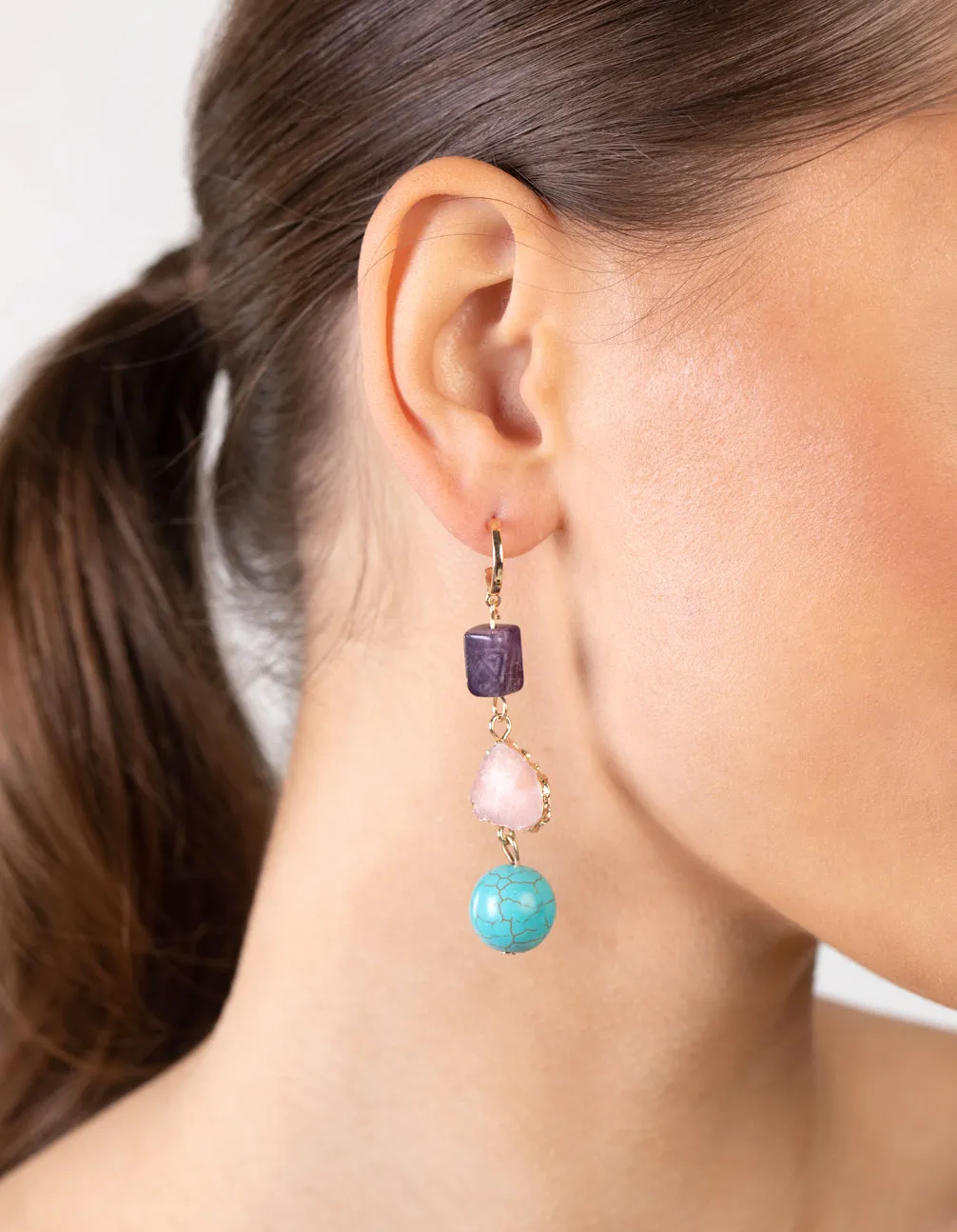 Gold Multi Turquoise, Rose Quartz, Amethyst Earrings