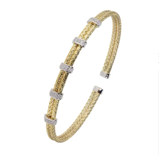 Gold Plated Mesh Five CZ Bar Flex Cuff Bracelet (SI5282)