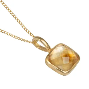 Gold Plated Sterling Silver Pendant Necklace with a Faceted Square Gemstone - Citrine