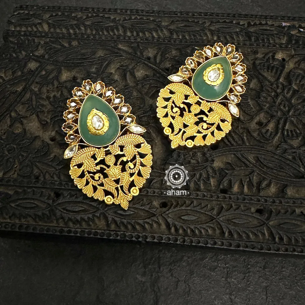 Gold Polish Green Drop Silver Earrings