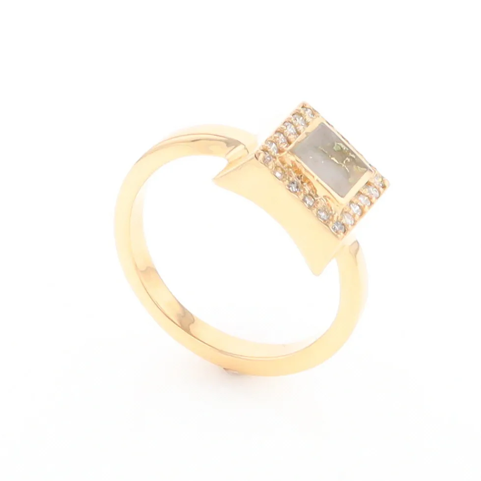 Gold Quartz Ring Square Inlaid Halo .14ctw Diamonds Design