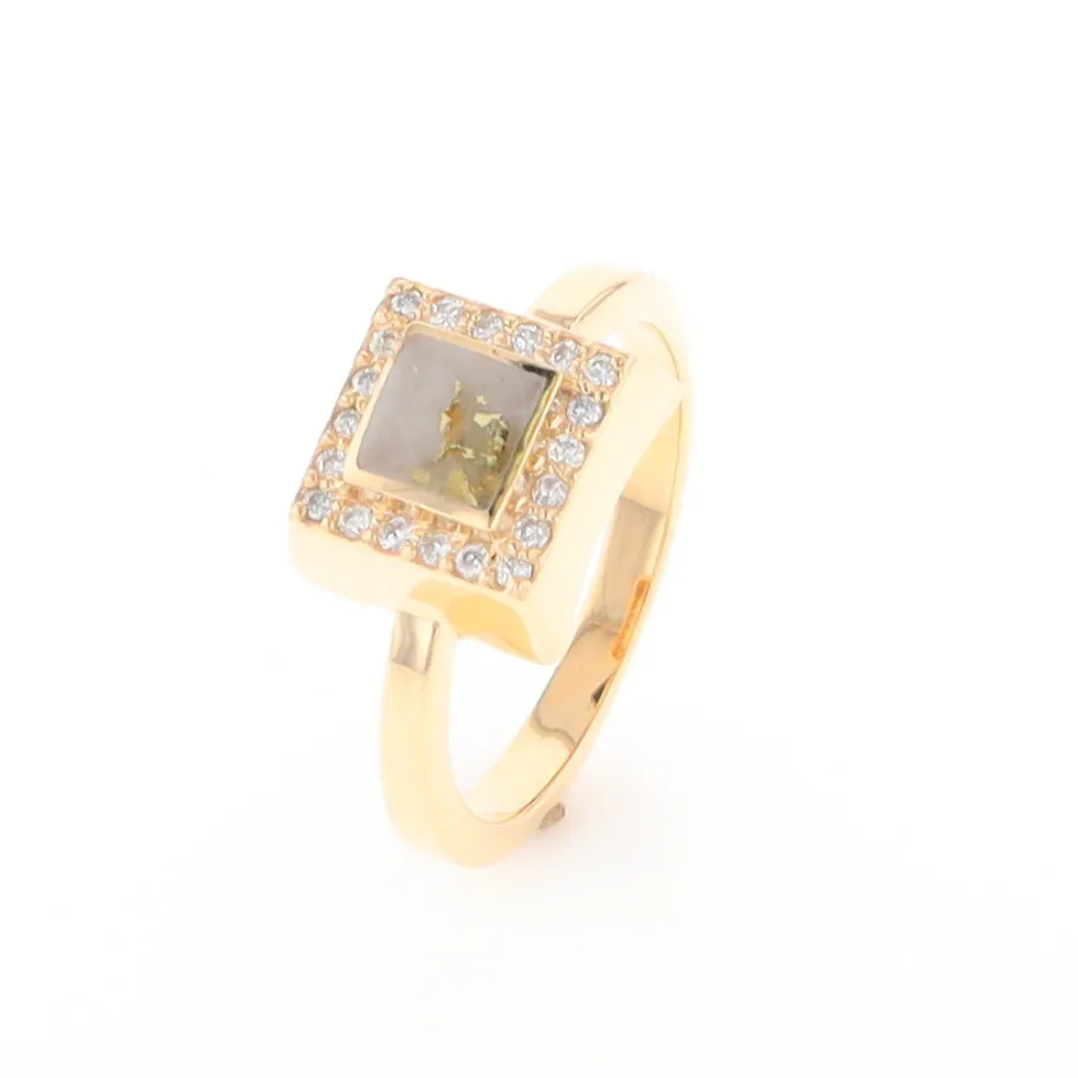 Gold Quartz Ring Square Inlaid Halo .14ctw Diamonds Design