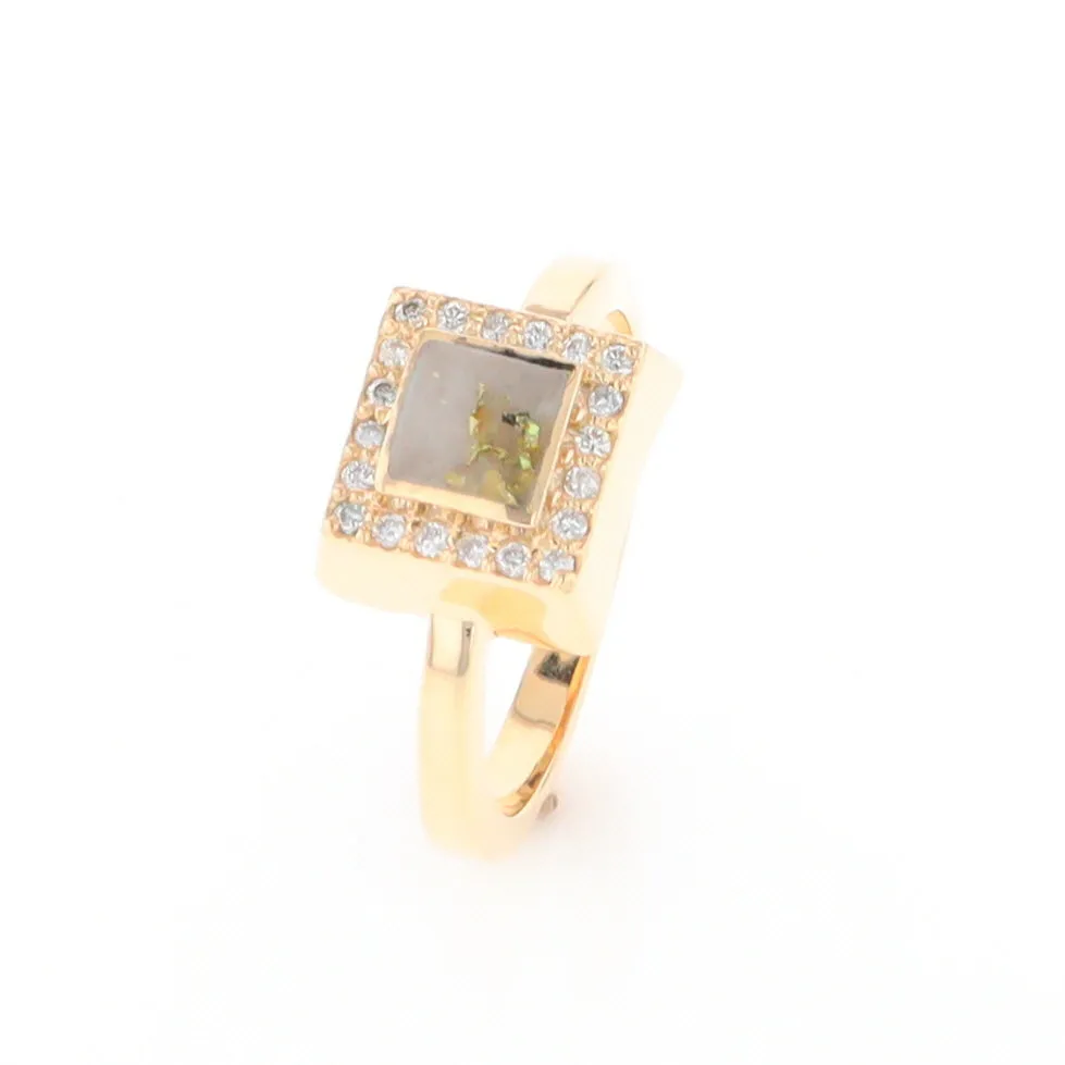 Gold Quartz Ring Square Inlaid Halo .14ctw Diamonds Design