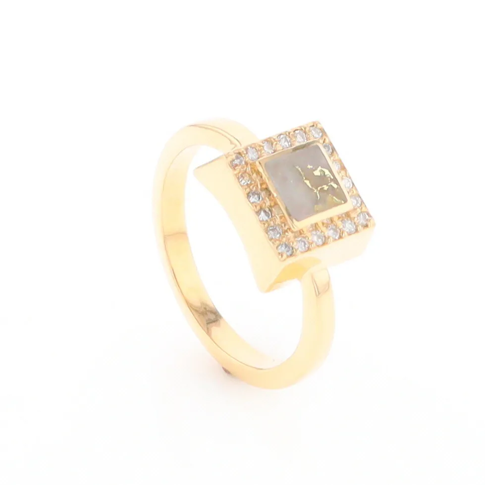 Gold Quartz Ring Square Inlaid Halo .14ctw Diamonds Design