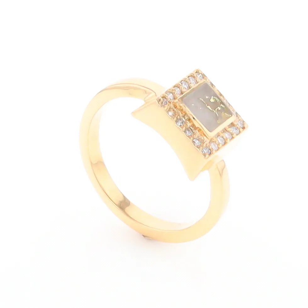 Gold Quartz Ring Square Inlaid Halo .14ctw Diamonds Design