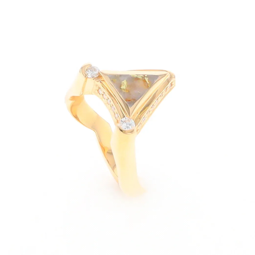 Gold Quartz Ring Triangle Inlaid Design with .31ctw Round Diamonds