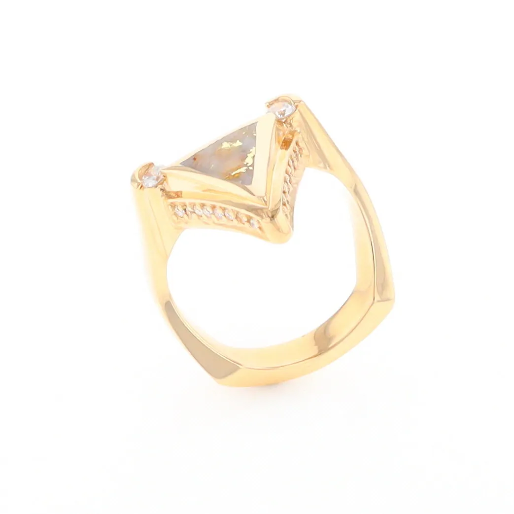 Gold Quartz Ring Triangle Inlaid Design with .31ctw Round Diamonds