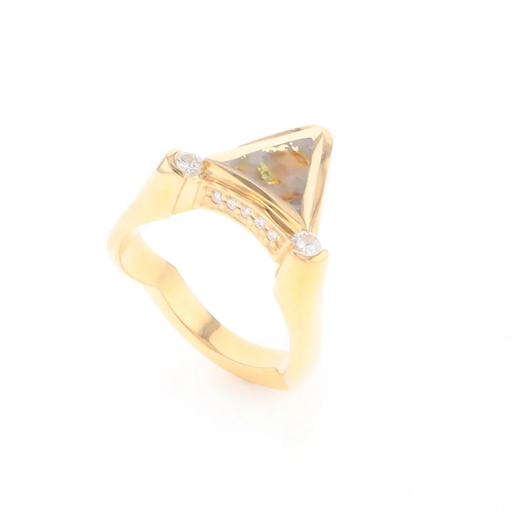 Gold Quartz Ring Triangle Inlaid Design with .31ctw Round Diamonds