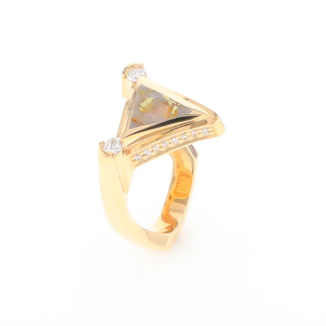 Gold Quartz Ring Triangle Inlaid Design with .31ctw Round Diamonds