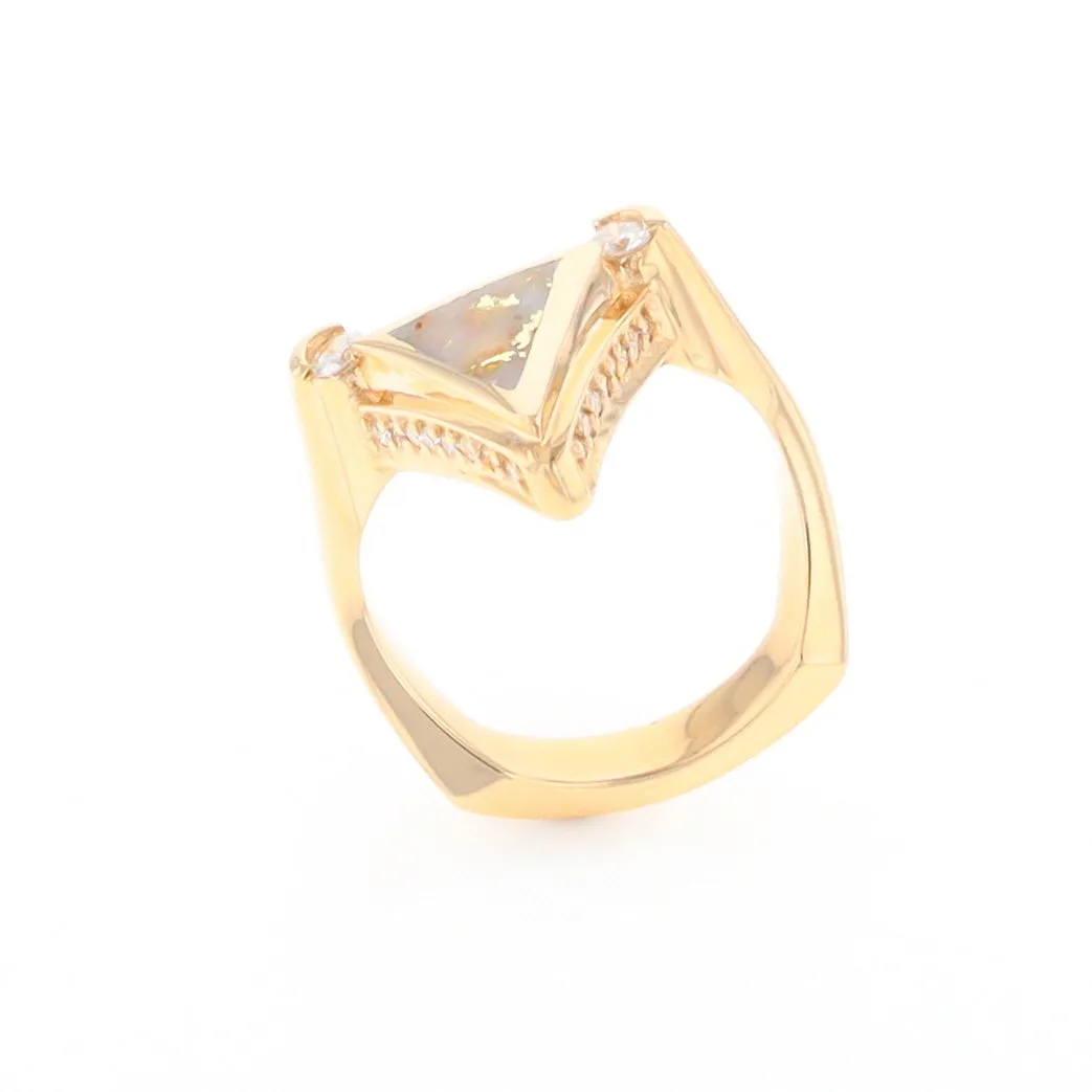 Gold Quartz Ring Triangle Inlaid Design with .31ctw Round Diamonds