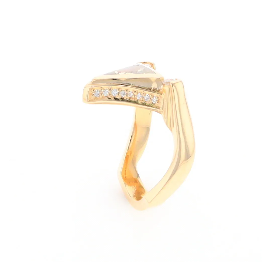 Gold Quartz Ring Triangle Inlaid Design with .31ctw Round Diamonds