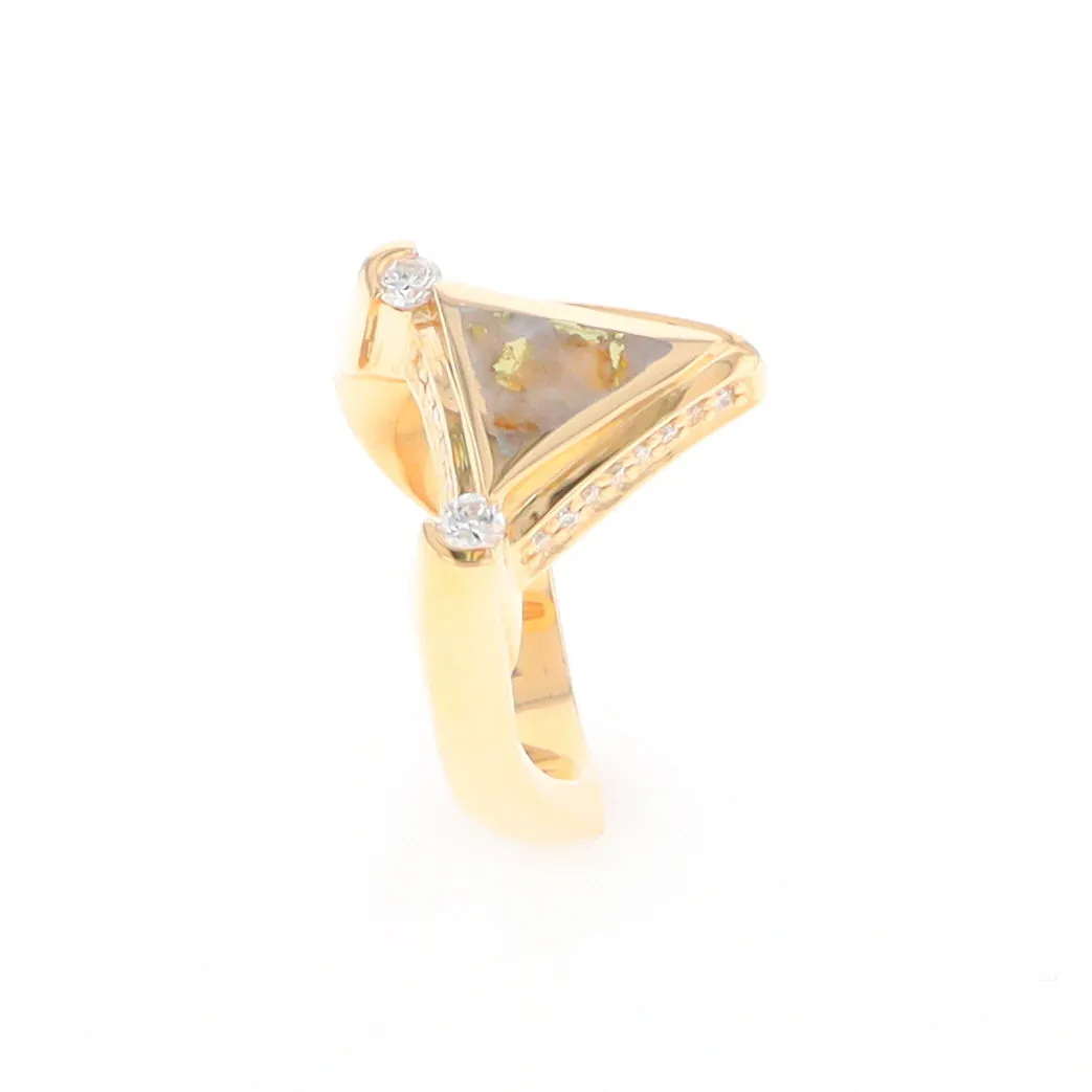 Gold Quartz Ring Triangle Inlaid Design with .31ctw Round Diamonds