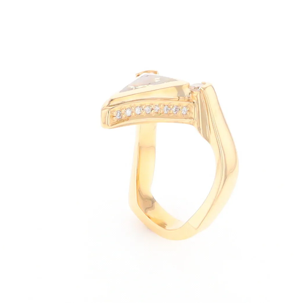 Gold Quartz Ring Triangle Inlaid Design with .31ctw Round Diamonds