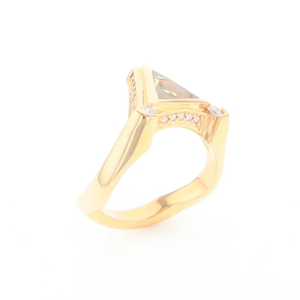 Gold Quartz Ring Triangle Inlaid Design with .31ctw Round Diamonds