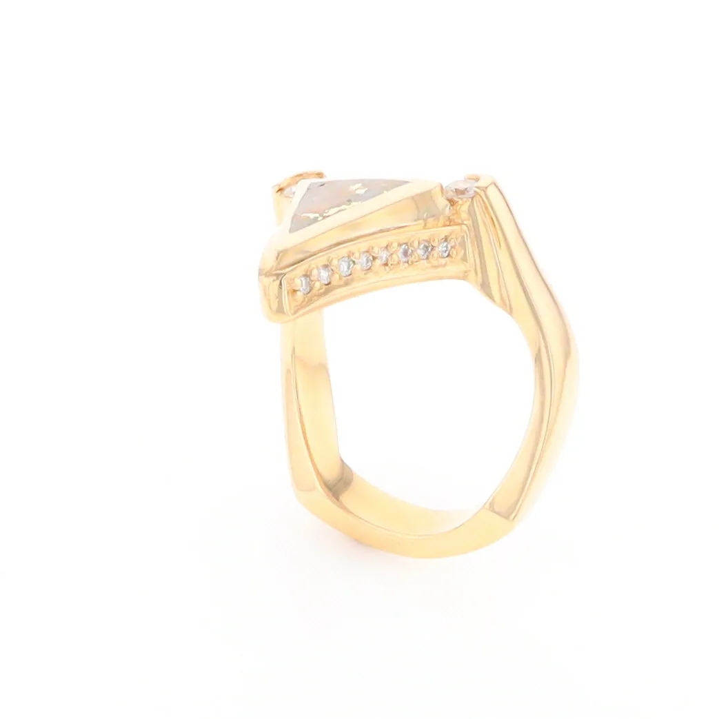 Gold Quartz Ring Triangle Inlaid Design with .31ctw Round Diamonds