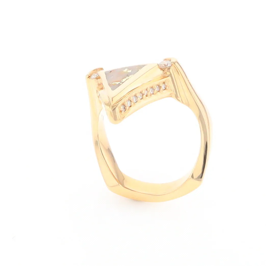 Gold Quartz Ring Triangle Inlaid Design with .31ctw Round Diamonds