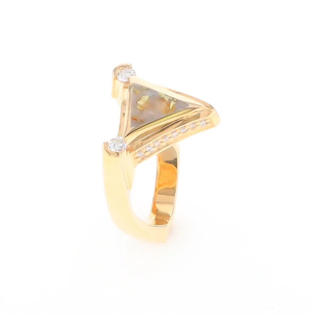 Gold Quartz Ring Triangle Inlaid Design with .31ctw Round Diamonds