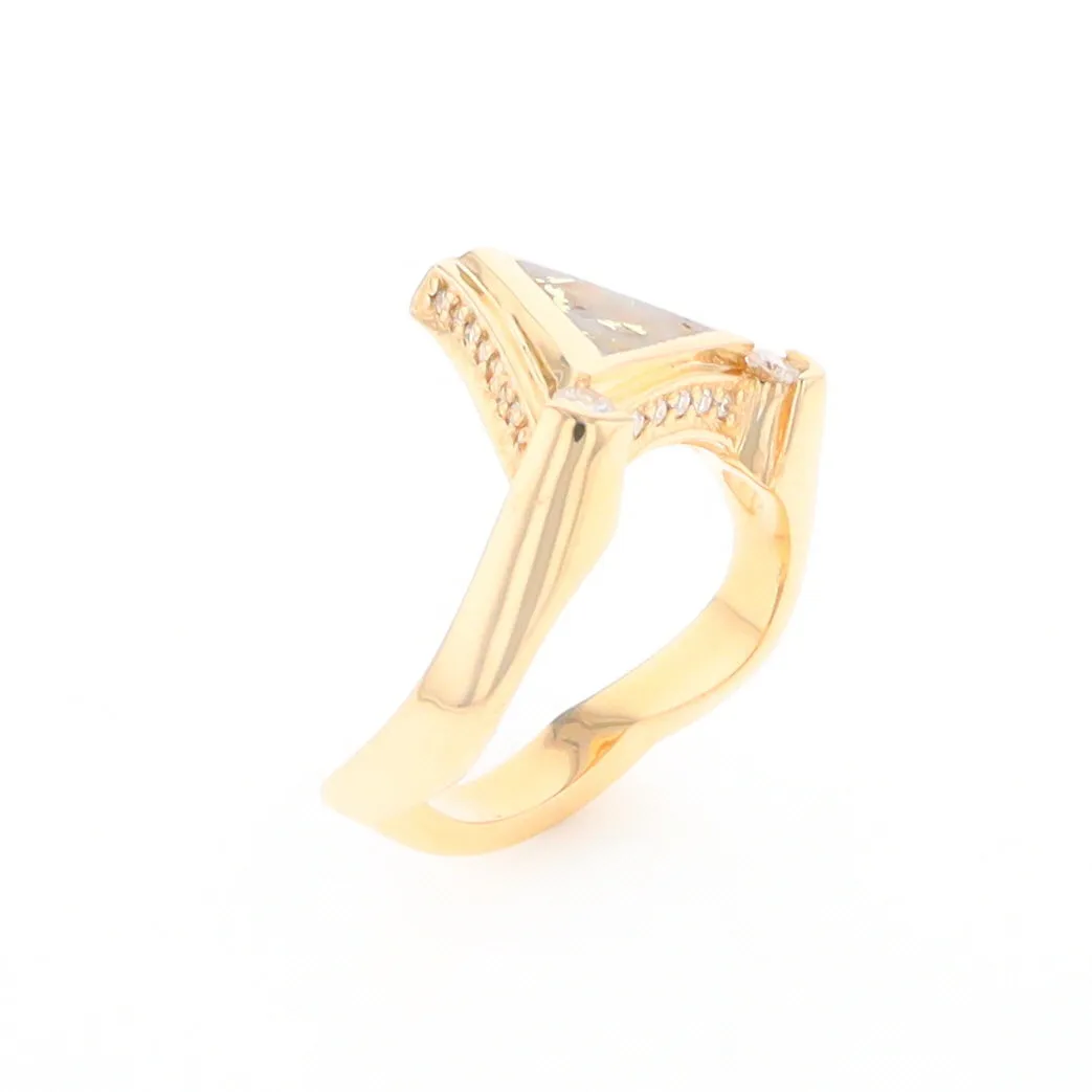 Gold Quartz Ring Triangle Inlaid Design with .31ctw Round Diamonds