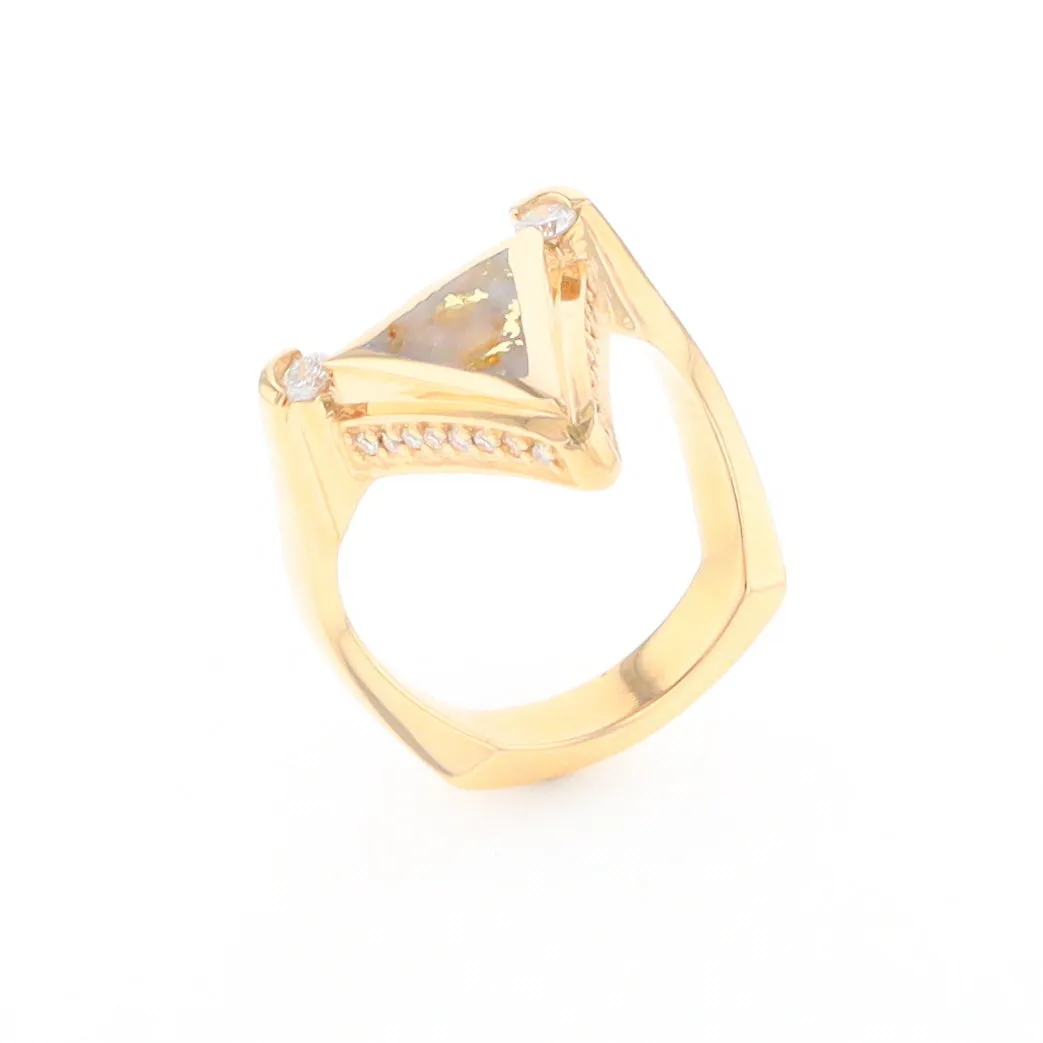 Gold Quartz Ring Triangle Inlaid Design with .31ctw Round Diamonds