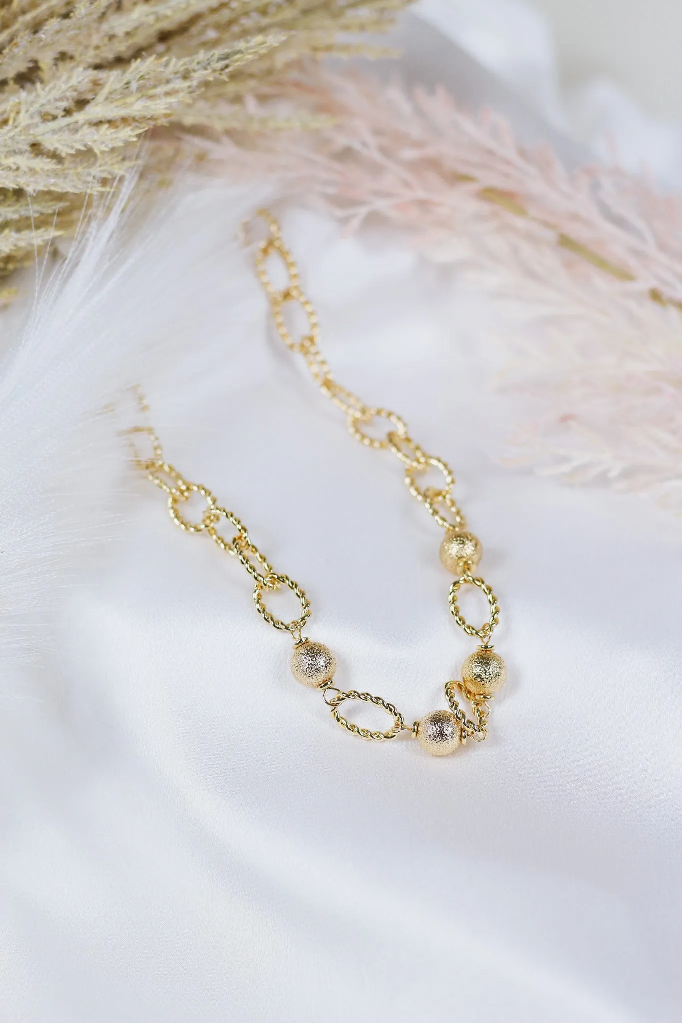 Gold Textured Open Chain and Gold Beaded 16"-18" Necklace